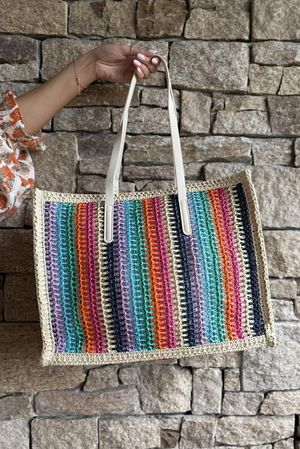Kondi Rainbow Raffia Tote Bag Stone